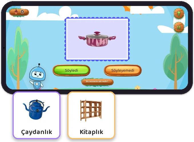 Afazi Çalışma Sayfaları: Diltigo uygulaması telefonda: oyun ekranı ve uygulamadaki kartlar