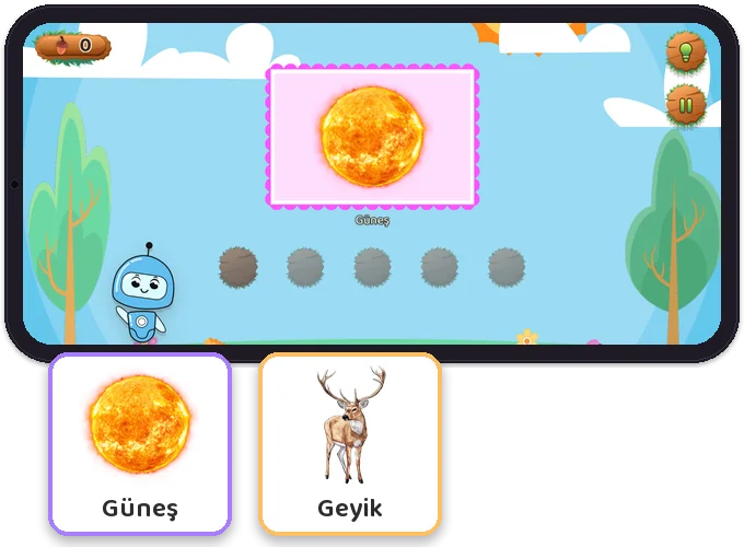 G Sesi Başta Kelimeler: Diltigo uygulaması telefonda: oyun ekranı ve uygulamadaki kartlar