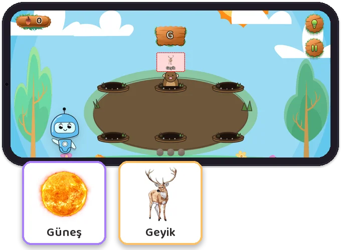 G Sesi Çalışmaları: Diltigo uygulaması telefonda: oyun ekranı ve uygulamadaki kartlar