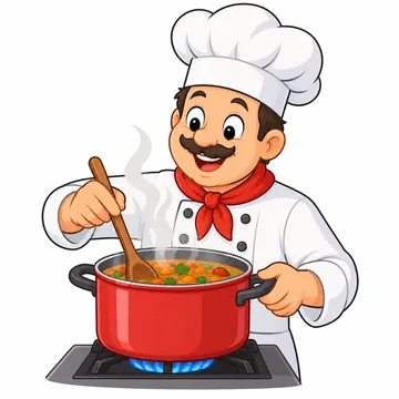 Aşçı yemek pişiriyor — resimli sahne kartı