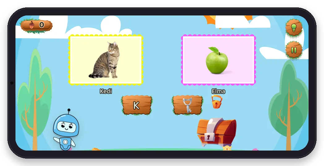 Diltigo Uçak Yarışı oyunu telefonda: üstte kedi ve elma resimleri, ortada K harfi levhası, altta sandık
