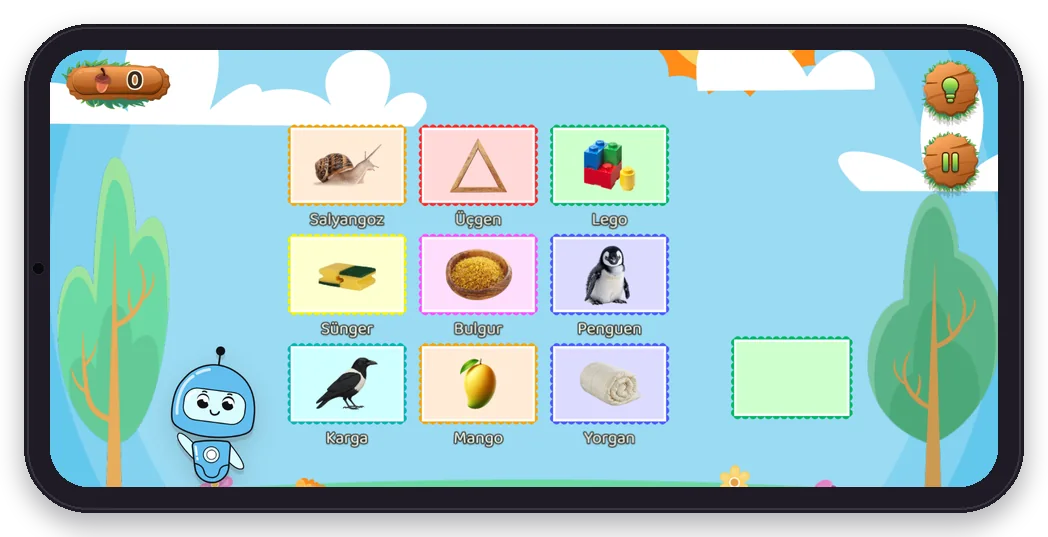 Diltigo Tombala oyunundan bir ekran: salyangoz, üçgen, lego, sünger, bulgur, penguen, karga, mango ve yorgan resimli pano