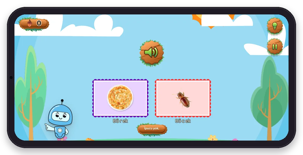 Diltigo Minimal Çift Dedektifi oyunu telefonda: böcek ve börek resimleri yan yana