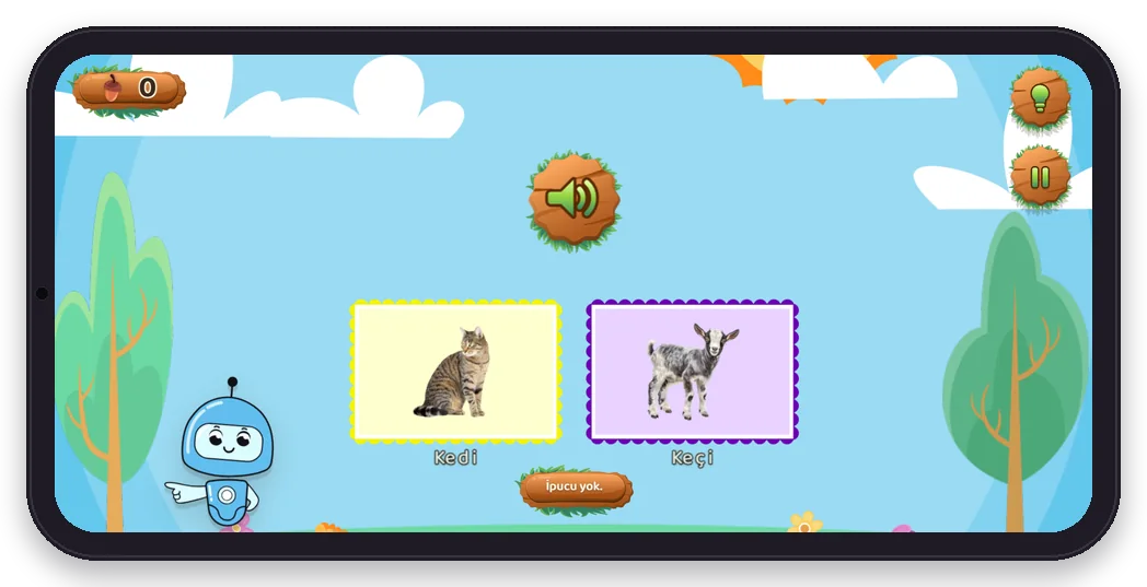 Diltigo Minimal Çift Dedektifi oyunu telefonda: keçi ve kedi resimleri yan yana
