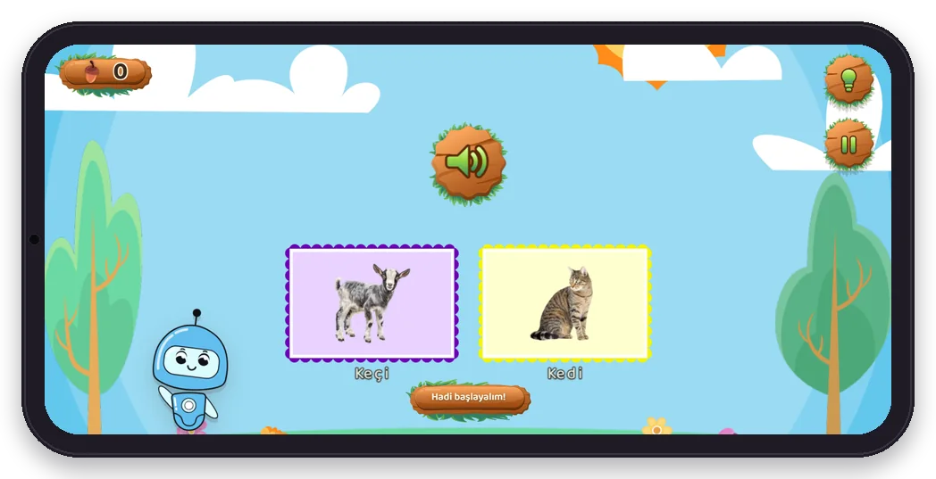 Diltigo Minimal Çift Dedektifi oyunu telefonda: kedi ve keçi resimleri yan yana