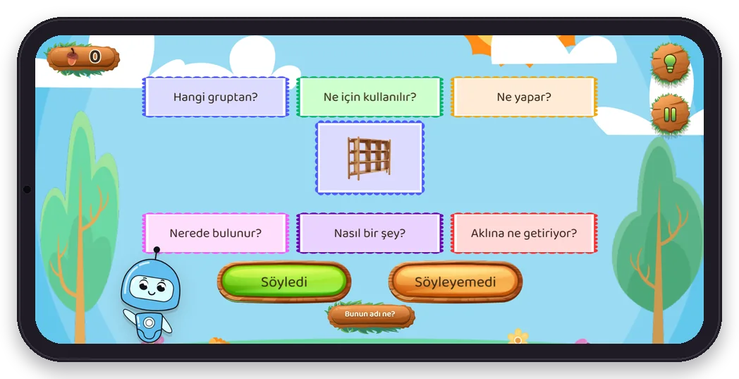 Diltigo Özellik Ağı oyunundan bir ekran: ortada kitaplık resmi, çevresinde özellik soruları