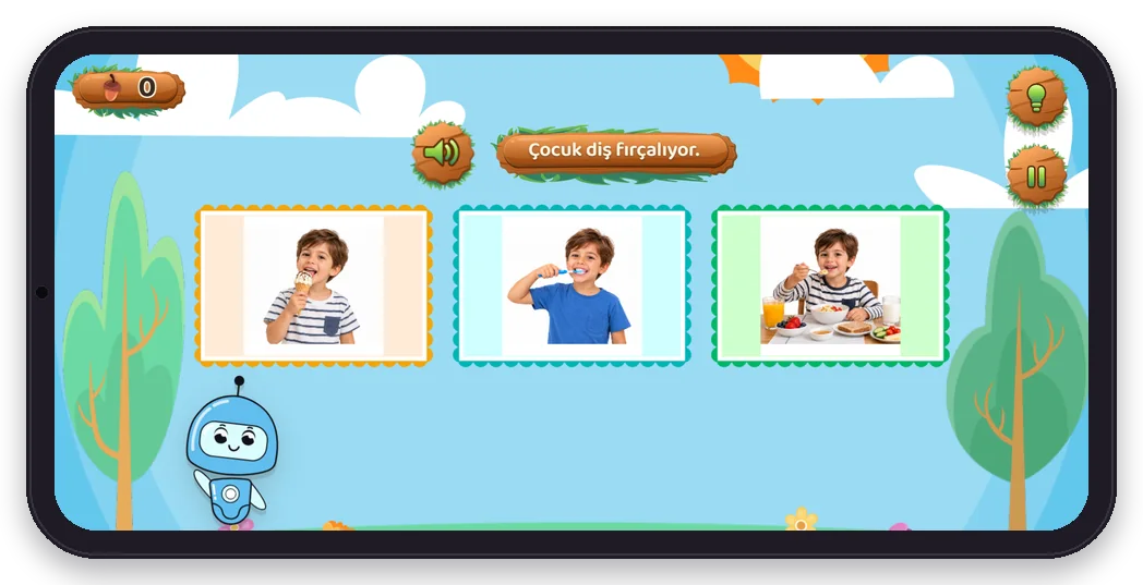Diltigo'da Cümleyi Bul oyunu: diş fırçalama cümlesi ve üç günlük olay resmi