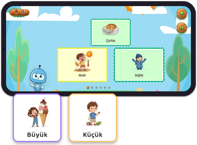 Zıt Anlamlı Kelimeler Kartları: Diltigo uygulaması telefonda: oyun ekranı ve uygulamadaki kartlar